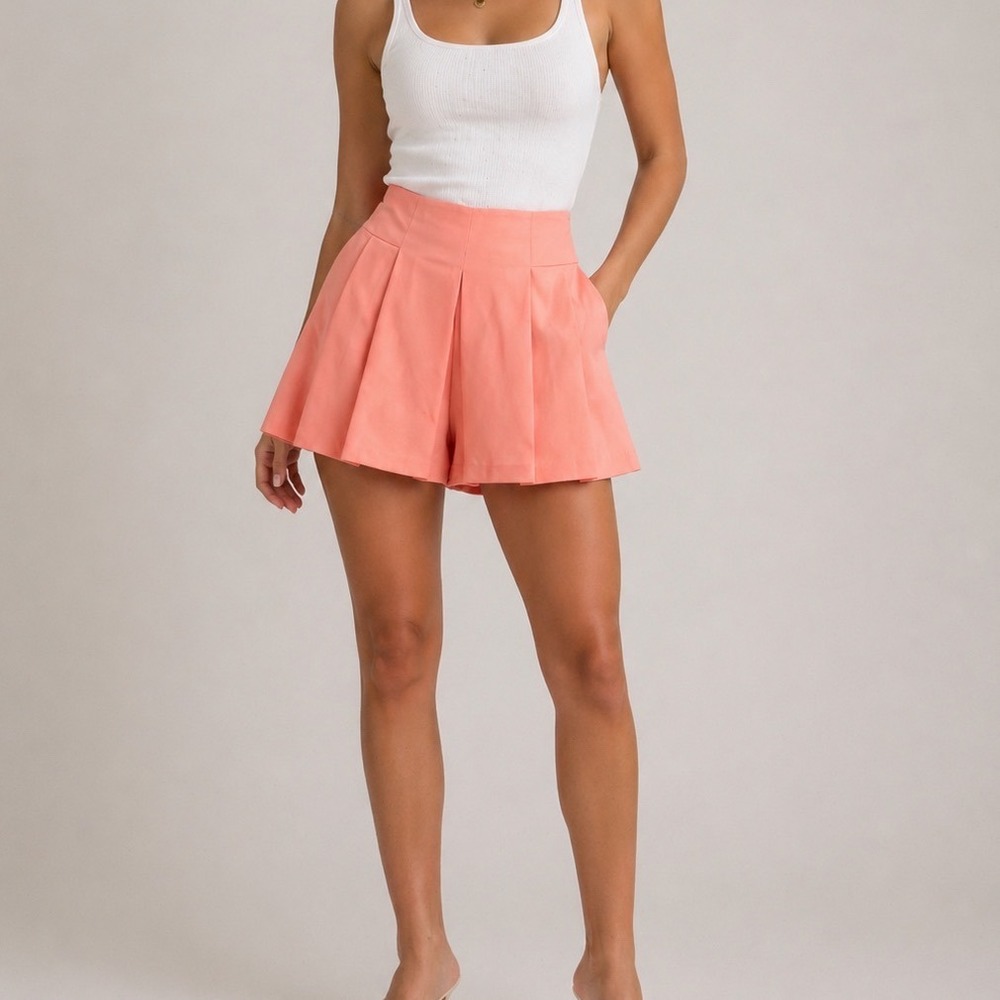 DO+BE Luna Skort Coral Pink Pleated High Waisted Mini Skirt Shorts Y21069 H3